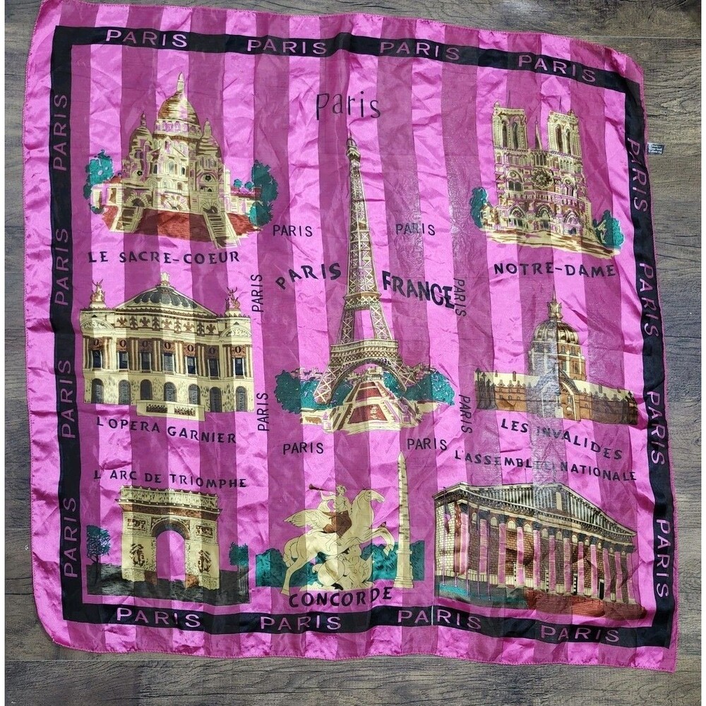 Paris France Aker Silk Scarf Multicolor Pink Gold 38x38